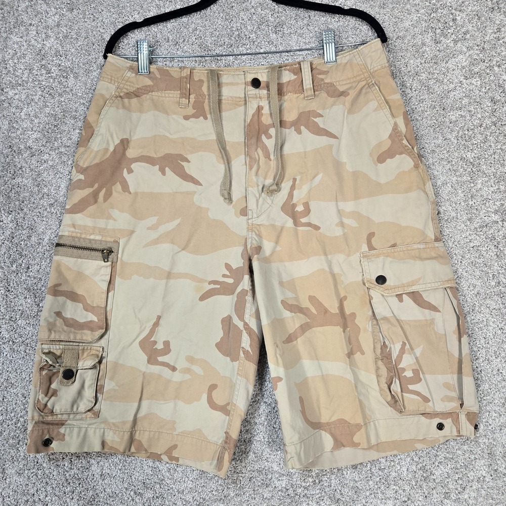 American Eagle Cargo Shorts Mens 32 Tan Camo Camouflage drawstring Miltary Y2K